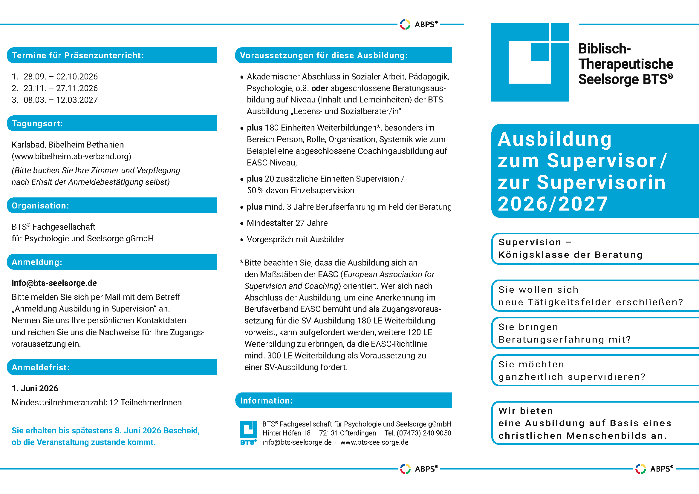 Ausbildung  zum Supervisor/ zur Supervisorin  2026/2027 - BTS® Fachgesellschaft  für Psychologie und Seelsorge gGmbH Anmeldung