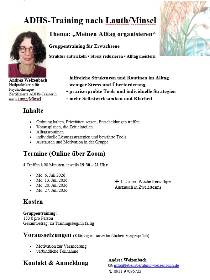 ADHS-Online-Gruppentraining „Meinen Alltag organisieren“ - Mehr Struktur im Alltag – weniger Stress im Kopf