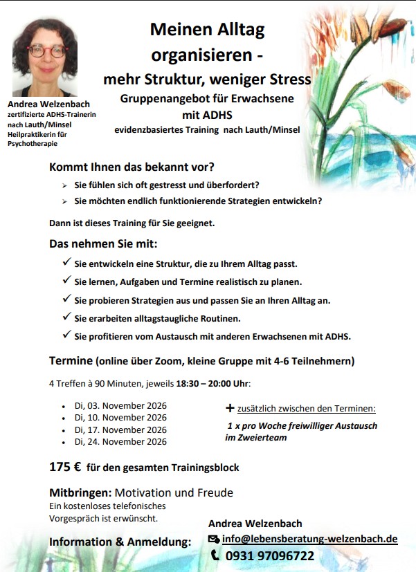 Meinen Alltag organisieren - mehr Struktur, weniger Stress - Gruppenangebot für Erwachsene   mit ADHS